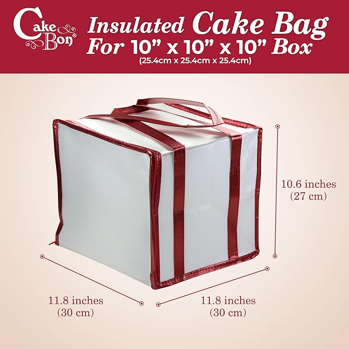 Cakebon Cake Box and Boards, 10-Inch Round Silver Smooth Edges 1/2- Inch Thick Drums with Insulated Bag and Ice Pack – Cake Transport Set, Cooler for Cake Delivery and Transport (1pc Each, 4pcs Total)