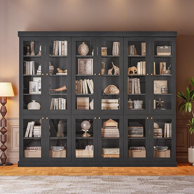 70.8" Bookshelf with Glass Doors, Farmhouse Modular Bookcase with 6-Tier Adjustable Shelves, Large Storage Cabinet for Living Room & Home Office, Set of 4, Black