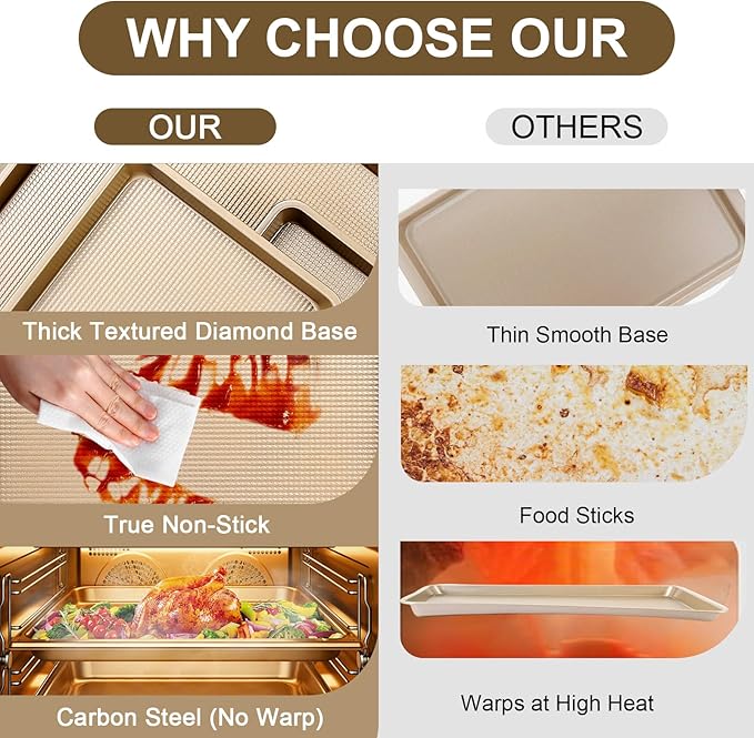 Baking Sheet Baking Pan Set of 3, Nonstick Cookie Sheets for Baking Supply, Carbon Steel Half/Jelly Roll/Quarter Baking Tray with Diamond Texture, 0.8mm Thick Heavy Duty Cookie Tray Oven Pan