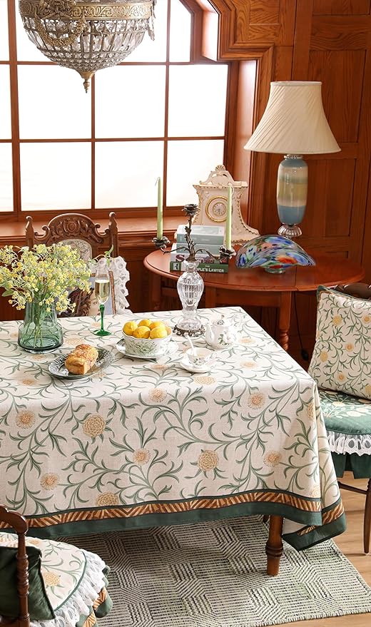 patdrea Designer French Linen Table Cloth for Rectangle Table,Vintage Fall Decorative Tablecloth,Floral Decoration Cover for Kitchen Dining Christmas,Tea Party,Thanksgiving,63"x94"-Littledaisy