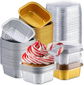 Aoriher 150 Pieces 10 oz Mini Cake Pans with Lids Aluminum Foil Baking Cups Square Disposable 4 x 4" Large Cupcake Cups Baking Tins for Kitchen Brownie Pudding Desserts Holder (All Golden,All Silver)