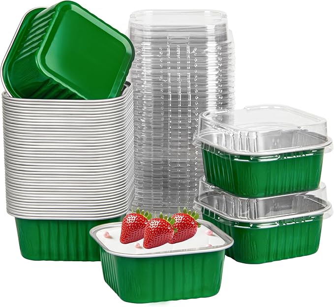 50 Pcs Mini Square Baking Cups with Lids,5oz Aluminum Foil Mini Cake Pans with Lids,Disposable Ramekins Cake Pans,150ml Dessert Cups Cupcake Pans for Wedding Birthday Party,Dark Green