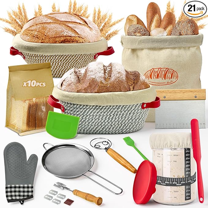 HASHMUST Banneton Bread Proofing Basket Kit, Sourdough Starter Jar Set, 9'' Round 10" Oval Fermentation Bowls Homemade Baking Supplies, Tools with Dough Whisk Cutter Lame Scraper Brush Scraper Bags