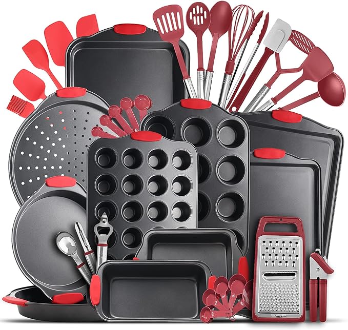 Eatex Nonstick Bakeware Sets with Baking Pans Set, 39 Piece Baking Set with Muffin Pan, Cake Pan & Cookie Sheets for Baking Nonstick Set, Steel Baking Sheets for Oven with Red Kitchen Utensils Set