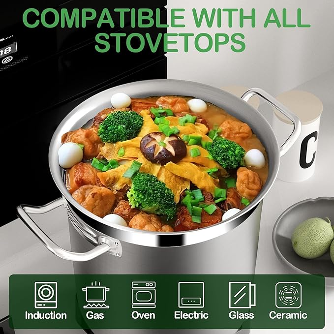 20 Quart Soup Pot with Lid – Stainless Steel Stock Pot, Heavy Duty Cooking Pot for Soup, Pasta, Stew – Induction & Oven Safe, Commercial & Home Use