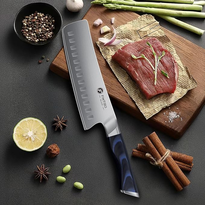 FINTISO 7" Nakiri Knife, Vegetable Chopping Knife with G10 Ergonomic Handle, Japanese High Carbon Stainless Steel Sharp Kitchen Cleaver in Gift Box