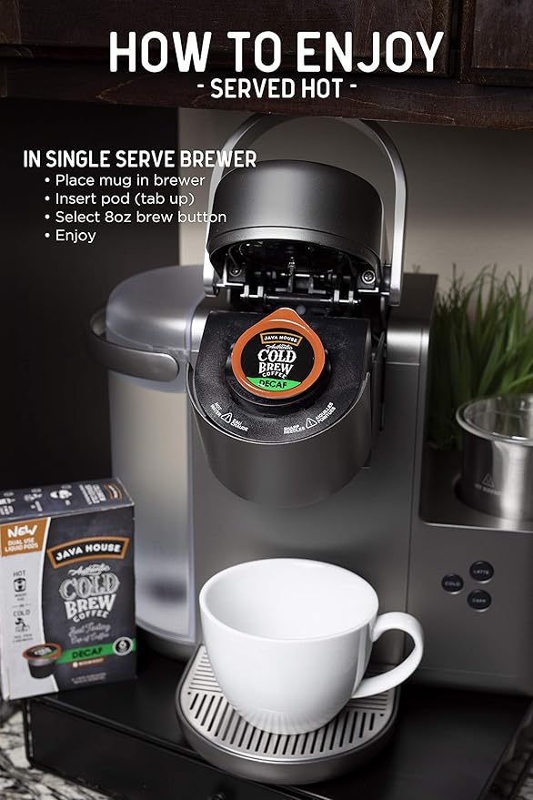 Java House Single-Serve Cold Brew Coffee Pods – Premium 100% Arabica Liquid Concentrate – Smooth & Bold Decaf Roast – 6 Pods – Ready Hot or Iced, Travel-Friendly, TSA Approved