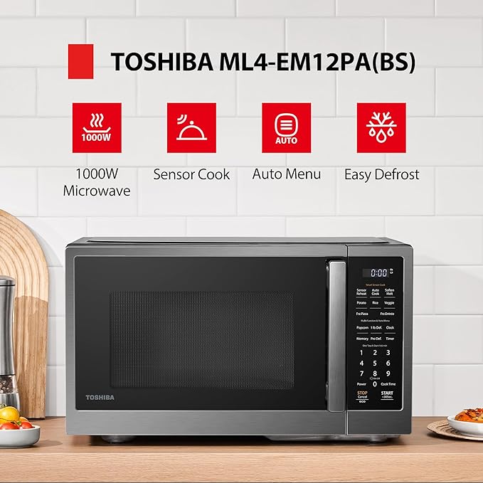 TOSHIBA ML4-EM12PA(BS) Countertop Microwave Oven with Smart Sensor, One-Touch Cooking, and 13 Auto Menus, 1000 Watts, 1.2 Cu.Ft. with 12.4-Inch Turntable, Black Stainless Steel
