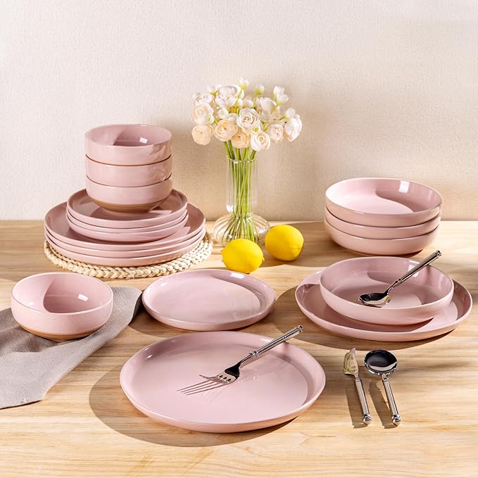 AmorArc Ceramic Dinnerware Sets for 6, 18 Pieces Handpainted Speckled Plates and Bowls Set with Rustic Terracotta Underside, Scratch Resistant Stoneware Dishes Set, Dishwasher & Microwave Safe, Pink