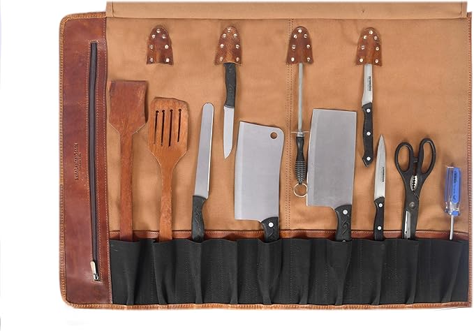 Leather Knife Roll Storage Bag, Elastic and Expandable 10 Pockets, Adjustable/Detachable Shoulder Strap, Travel-Friendly Chef Knife Case (Peanut, Canvas)