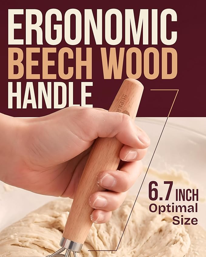 Superbaking Danish Dough Whisk - 12" Bread Whisk for Dough Mixing - Single Eye Design Sourdough Whisk - Sourdough Bread Baking Supplies - Bread Making Tools and Accessories - Ergonomic Wooden Handle