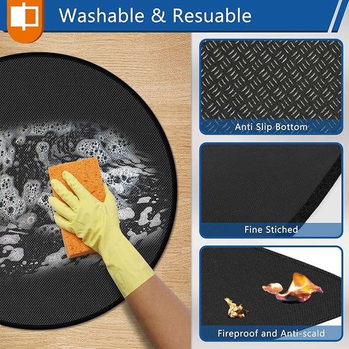 Round Under Grill Mat for Outdoor Grill, 60 Inch Anti-Slip BBQ Floor Mats, Easy to Clean Reusable Fireproof Grill Pad, Oil-Proof Waterproof Protector for Deck Fireplace Pit Mat Black