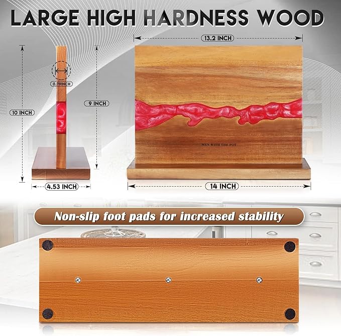 MEN WITH THE POT Magnetic Knife Holder 13 x 10 Inches, Multifunctional Double Sided Magnetic Knife Block Rack, Wood & Red Epoxy Universal Magnetic Knife Storage Stand for Kitchen Counter