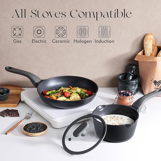 PRICUSIS Nonstick Saucepan with Lid, 2.7 Quart Non Toxic Pot with Pour Spouts, Full Coated, 100% Dishwasher Safe, Induction Compatible & Oven Safe, PTFE & PFOA Free, Black Sesame
