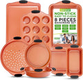 NutriChef 8 Piece Baking Pans Set - Nonstick Carbon Steel Bakeware Set w/ Silicone Heat-Safe Handles - Includes Loaf Pan, Muffin Pan, Cookie Sheets, Pizza Crisper, Roasting Pans - Rose Gold