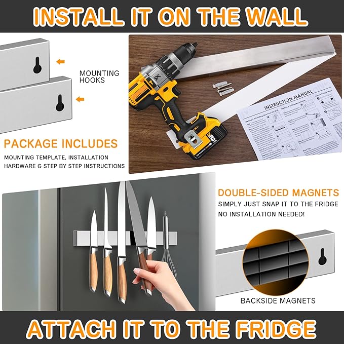 Ninonly 16 Inch Magnetic Knife Holder for Refrigerator Stainless Steel Magnet Knife Strip for Wall Mounted No Drilling Knife Rack with Powerful Magnetic Pull Force Fridge Applicable