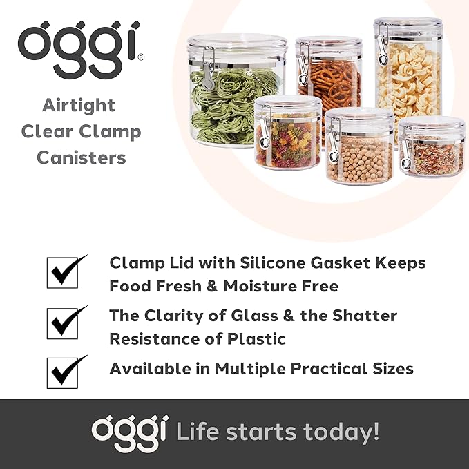 Oggi Clear Canister with Clamp Lid, 28 oz - Large Airtight Food Storage Container, for Kitchen & Pantry Storage of Bulk, Dry Foods Including Pasta, Flour, Sugar, Coffee, Rice, Tea, Spices & Herbs