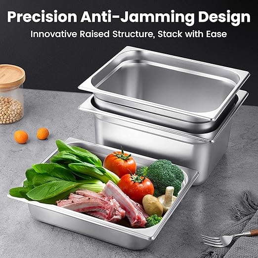 1/4 Hotel Pans 4 Inch Deep Stainless Steel Food Pan - Anti-Jam 6 Pack Steam Table Pan Set for Catering, Buffet Use, Kitchen Prep
