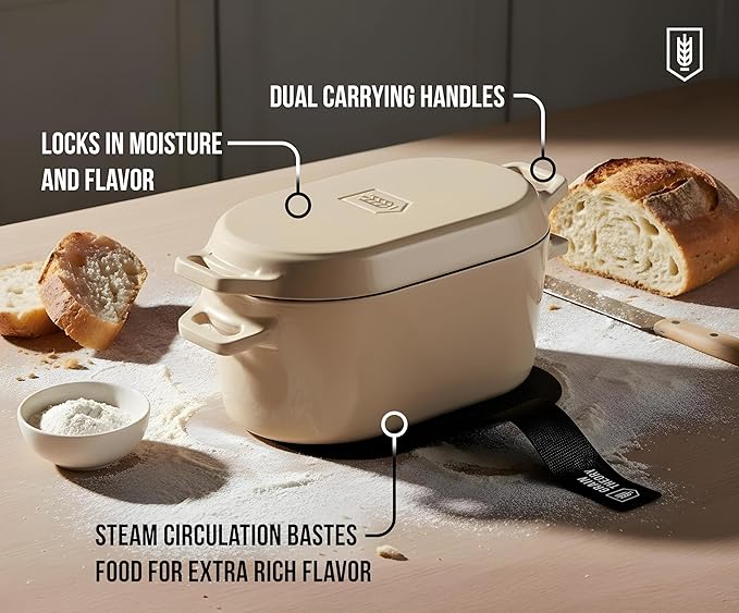 KooK Dutch Oven, for Bread Baking, Sourdough Loaf Pan, with Lid, Dual Handles, Enameled Cast Iron, includes Lid Lever, Dishwasher Safe, 3.4 Qt, Ivory