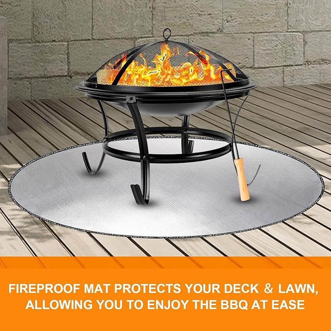 DocSafe 36" Round Fireproof Fire Pit Mat Grill Mat,Heat Insulated 4 Layers Indoor Fireplace Pad Protector for Patio,Deck,Grass,Lawn,Oil-Proof and Reusable and Waterproof,Easy to Clean,Black＆Silver