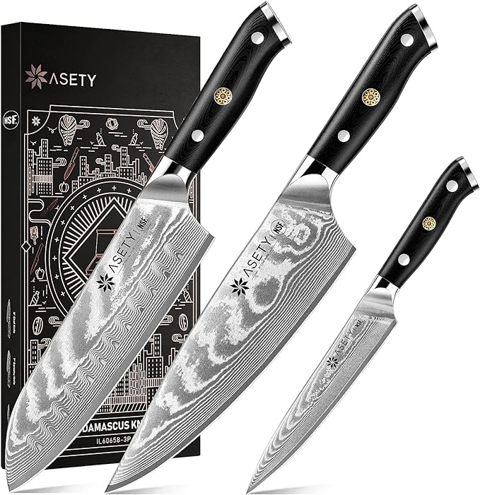 Damascus Kitchen Knife Set 3 PCS: NSF Food-Safe Japanese Knives with VG10 Steel Core, Ultra-Sharp Professional Chef Knife Set and Full Tang G10 Handle, Elegant Box