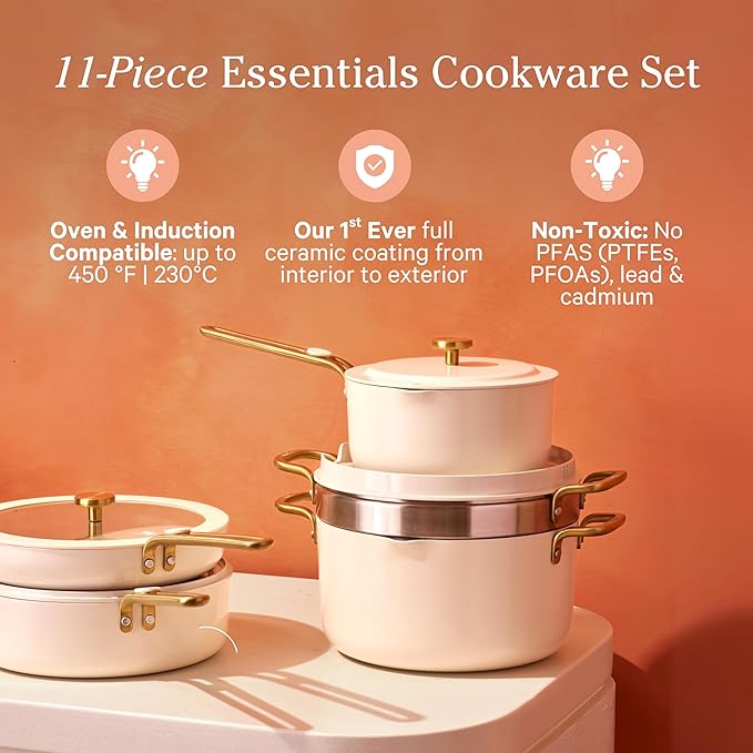 Our Place 11-Piece Essentials Complete Cookware Set - Ceramic Fry Pan, Saucepan, Sauté Pan, Stock Pot, Strainer Basket & Rack Storage | Thermakind™ Nonstick, Oven Safe up to 450°F | Blue Salt