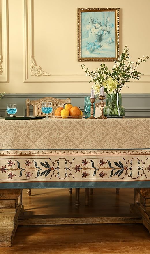 patdrea Designer French Linen Long Tablecloth for Rectangle Table,Beige Anti-Wrinkle Floral Farmhouse Table Cloth,Decor Covers for Kitchen Dining,Tea Party,Christmas,Thanksgiving,63"x102"-Fram