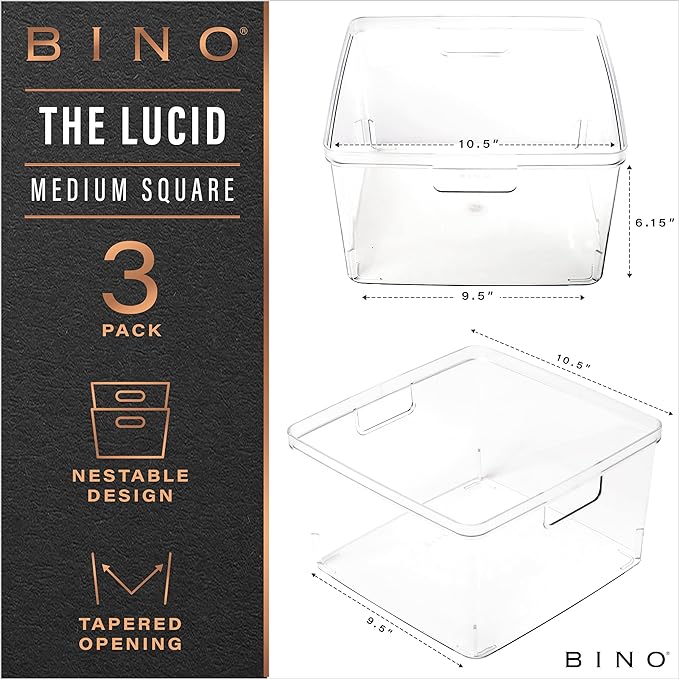 BINO | Plastic Storage Bins, Square - 3 Pack | THE LUCID COLLECTION | Multi-Use Bins | Built-In Handles | BPA-Free | Clear Containers | Fridge Organizer | Pantry & Home Organization