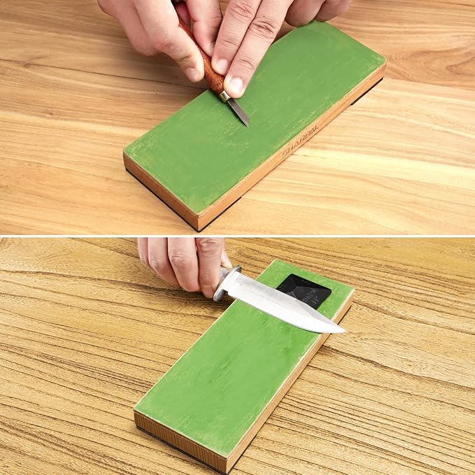 SHARPAL 204N Leather Strop (Genuine Cowhide) 8" x 3" Kit with 2 Oz. Polishing Compound & Angle Guide, Knife Stropping Block for Sharpening & Honing Knives, Straight Razor, Woodcarving Chisels