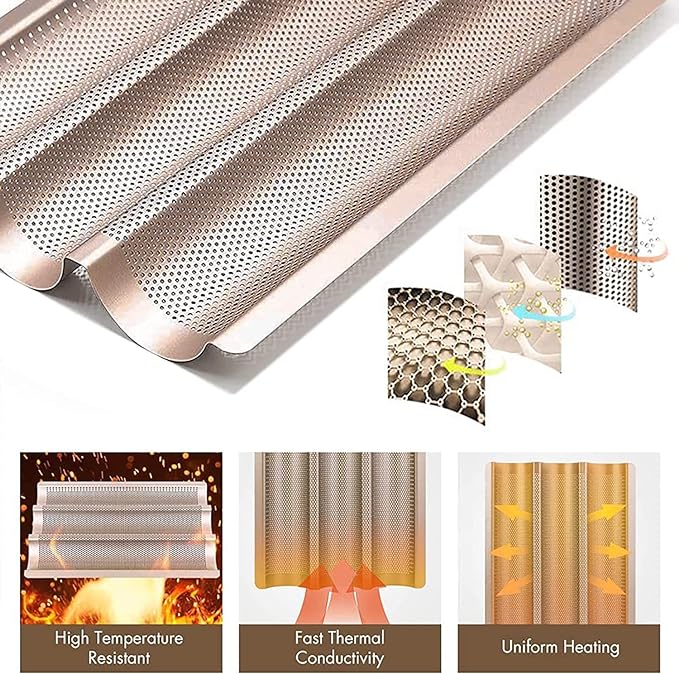 Hesanzol Baguette Pans for Baking 15" x 11", Carbon Steel 3 Loaf Nonstick Baguette Baking Tray for French & Italian Perforated French Bread Pan (2pack - Gold)