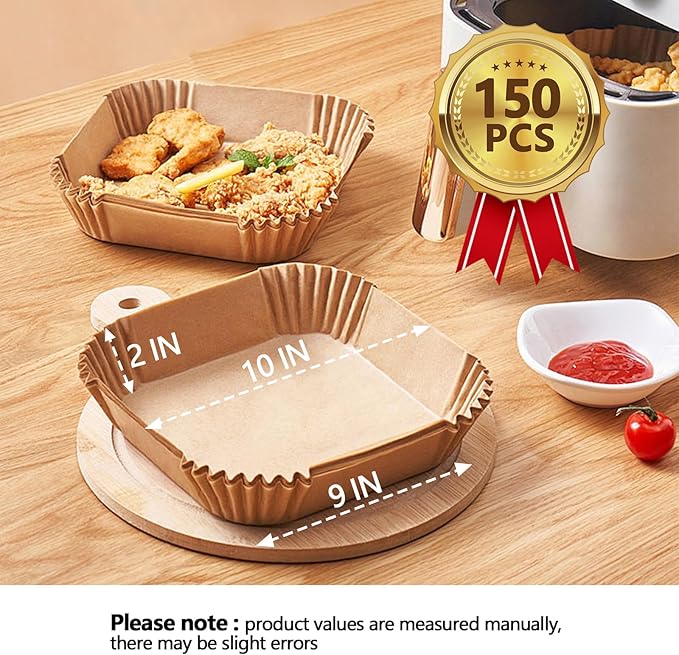 10 Inch Air Fryer Paper Liners, 150Pcs Air Fryer Liner Disposable, Oil-Proof & High-Temperature Resistant Parchment Baking Paper for Air Fryer, Microwave and Oven（Bottom Is 9 Inch）