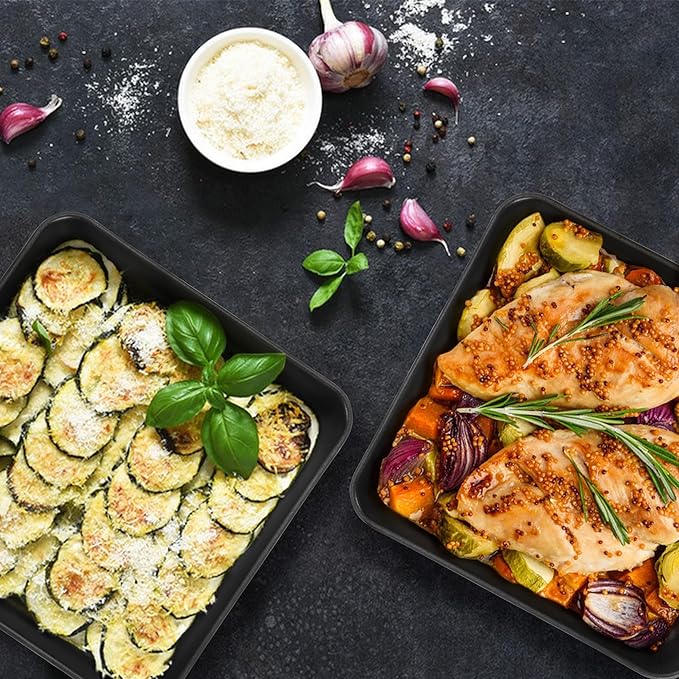 E-far 9 Inch Square Cake Pan Set of 2, Nonstick 9x9 Baking Pan with Stainless Steel Core, Black Metal Bakeware for Brownies Lasagna Cakes, Non-toxic & Easy Clean, 2 Inch Deep