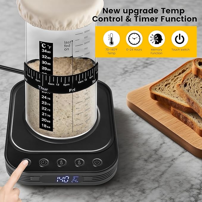 Sourdough Starter Warmer Mat with 24H Timer & Memory Function, Precise 1°F Thermostat Control (70-140°F), Perfect Bread Fermentation Mat for Home Baking