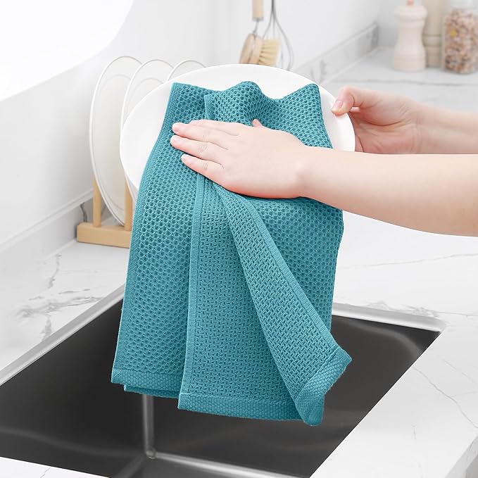 Homaxy 100% Cotton Waffle Weave Kitchen Dish Towels, Ultra Soft Absorbent Quick Drying Cleaning Towel, 13 x 28 Inches, 8-Pack, Lake Blue
