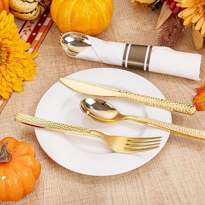 WELLIFE 300PCS Gold Plastic Silverware,Pre Rolled Silverware Set Disposable,Hammer Pattern Design,Plastic Cutlery Includes: 75 Forks, 75 Knives, 75 Spoons, 75 Napkins, Thanksgiving Cutlery