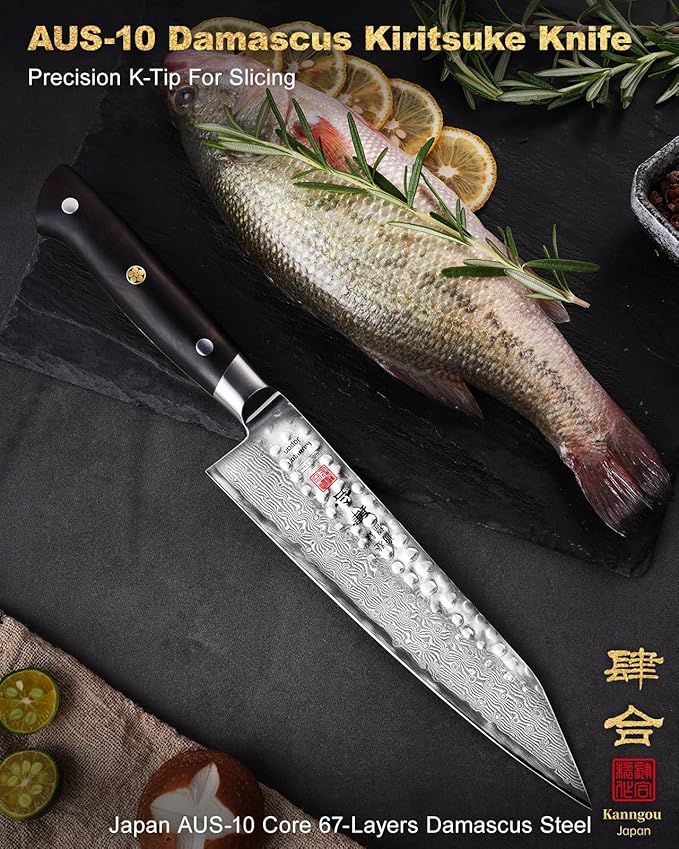 Japanese Chef Knife Kitchen Knife with 67 Layers Damascus Steel AUS-10 Core, Professional Damascus Knife with Full-Tang Ebony Wood Handle and Premium Gift Box(8.27 Inch Kiritsuke Knife)