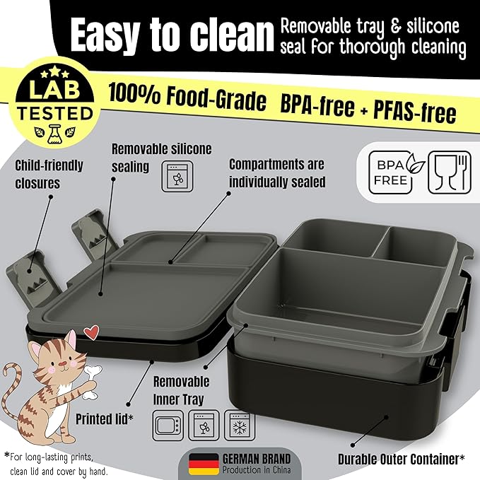 BEARFOOT Kids Lunch Box with Compartments – Compact & Lightweight | Leak-Proof, BPA-Free, Dishwasher & Microwave Safe | Hand-Drawn Design for Preschool, School, Travel (Black, 2.75 Cups)
