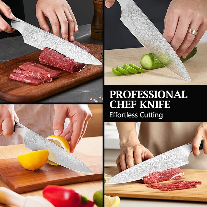 8 Inch Chef Knife, Kitchen Knife with Sharpener and Finger Guard, Professional Steel Sharp Chef's Knife Set with Ergonomic Handle, Gifts for Christmas, Black