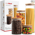 EatNeat 4‑Piece Glass Canister Set with Airtight Bamboo Lids – Giftable Kitchen Storage – Tall Jar Fits Spaghetti – 74/56/36/20 oz for Pantry, Dry Goods, Coffee, Snacks & More
