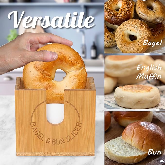 Large Adjustable Bagel Slicer Holder | Bamboo Bagel Cutting Holder with Width-Adjustable Slots for Small & Large Bagels, Buns & English Muffins, Knife Groove & Non-Slip Base