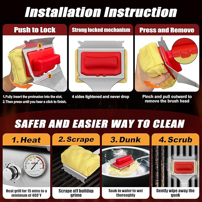 Grill Brush Bristle Free with 2 Cleaning Brush Heads, Cleaning with Steam Technology, Replaceable Brush Heads & Scraper Tool for Stainless-Steel Grates Grill Brush with Stainless Steel Spatula