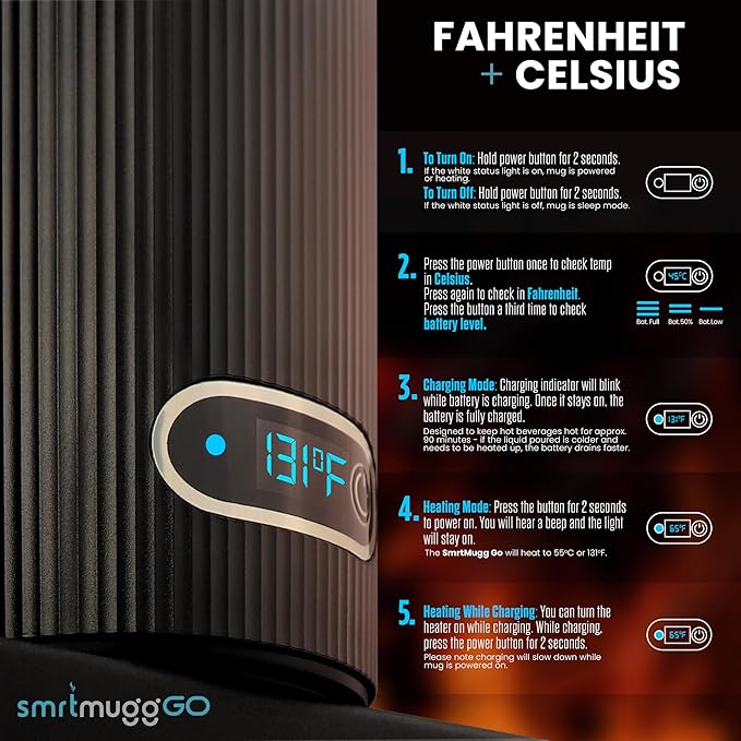 GO Heated Coffee Mug, Travel Mug, 13.5 OZ. Smart Mug, Battery Powered Heated Coffee Mug, Great for Coffee and Tea, Snap on Magnetic Charging Cord, New and Improved (Black)