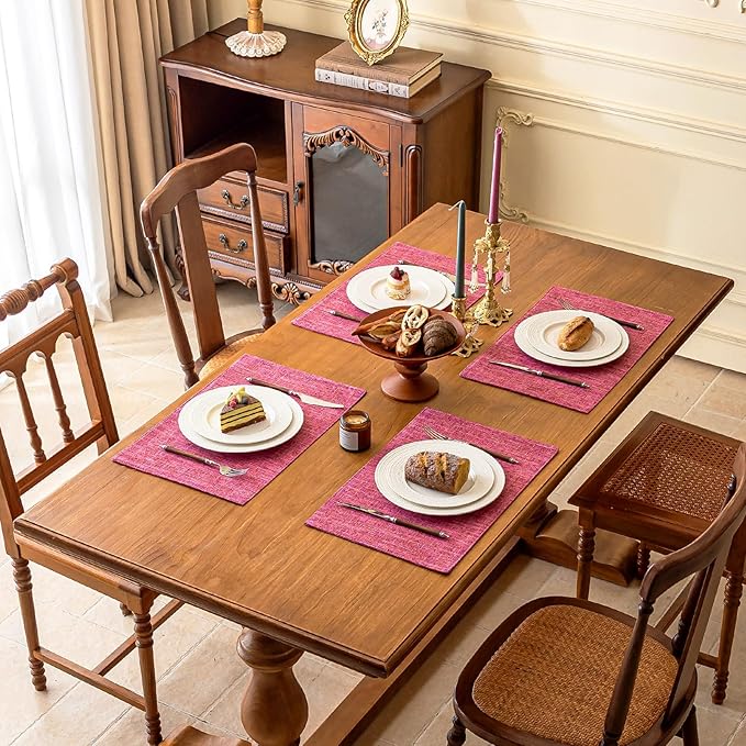 KXN Placemats Set of 4, Dual-Layer Thickened Faux Linen Table Mats, Heat Resistant & Wrinkle-Free, Machine Washable Cloth Place Mats for Kitchen Dining Indoor Outdoor (Pink)