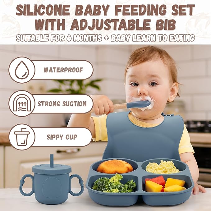 Silicone Feeding Set, Led Weaning Supplies, Food Tableware Suction Plate, Bowl, Spoons, Fork, Waterproof Bib, Cup & Complementary Food Cake Mold, Baby Eating Utensils
