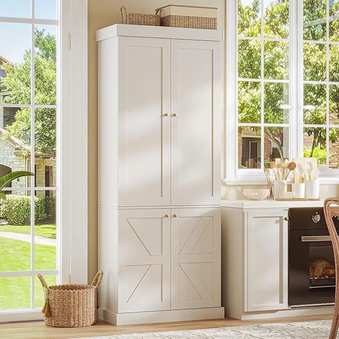 70.8" Tall Farmhouse Kitchen Pantry Cabinet with Doors, Modular Storage Cabinet with 4-Tier Adjustable Shelves, White, Wooden Hutch for Kitchen, Living Room, Set of 4