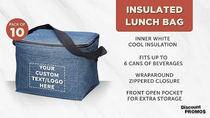 Custom Insulated Cooler Lunch Bag Set of 10, Personalized Bulk Pack - Perfect for Work, Travel, Outdoor Events - Blue