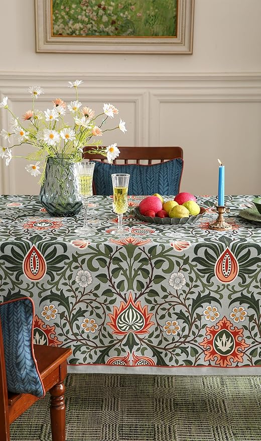 ISAENNE Designer Bohemian Linen Green Table Cloth for Rectangle Table,Floral Indoor Tablecloth,Stain Resistant Decor Tablecloths for Dining Thanksgiving Kitchen Party Christmas,55"*79"-Naples