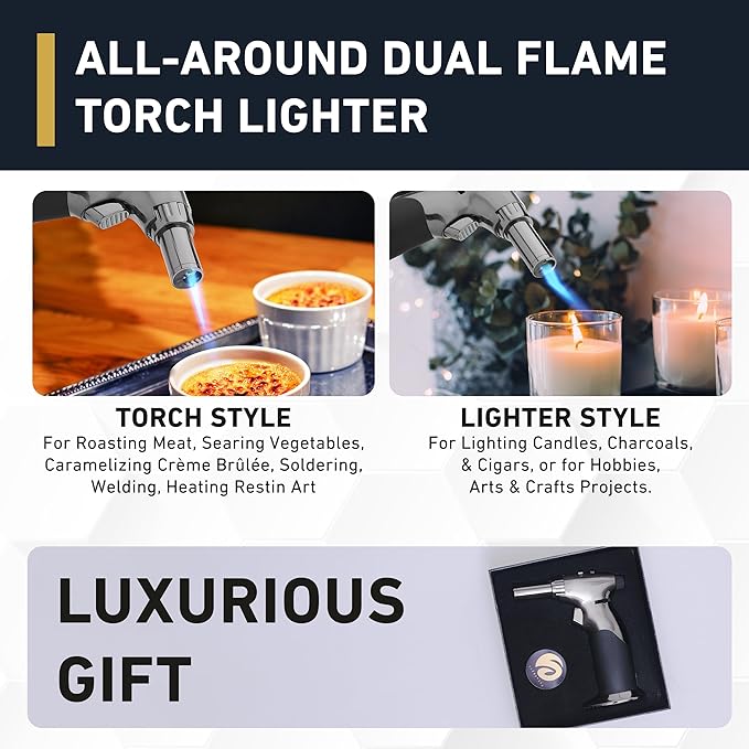Dual Flame Butane Torch Gun - Refillable Luxury Hand Held Mini Blow Torch for Cooking, Creme Brulee, Soldering, Welding, & Resin Art - Adjustable Flame with Ignition Lock - Steel Black by inZaynity