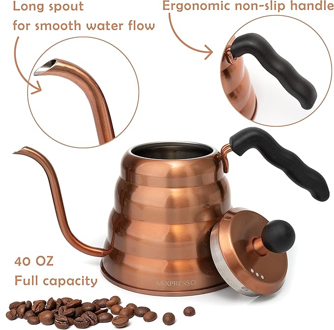 Mixpresso Gooseneck Pour Over Coffee Kettle - Barista Pour Control Design for Tea, 1.2 Liter (40 Oz) High-Grade Stainless Steel Drip Induction Cooker, Copper Stovetop Kettle