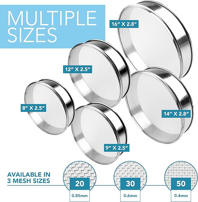 Stainless Steel Flour Sifter Fine Mesh Round Flour Sieve for Baking 16.5" Diameter x 2.88" High; 50 Mesh (Hole Size 0.3mm)